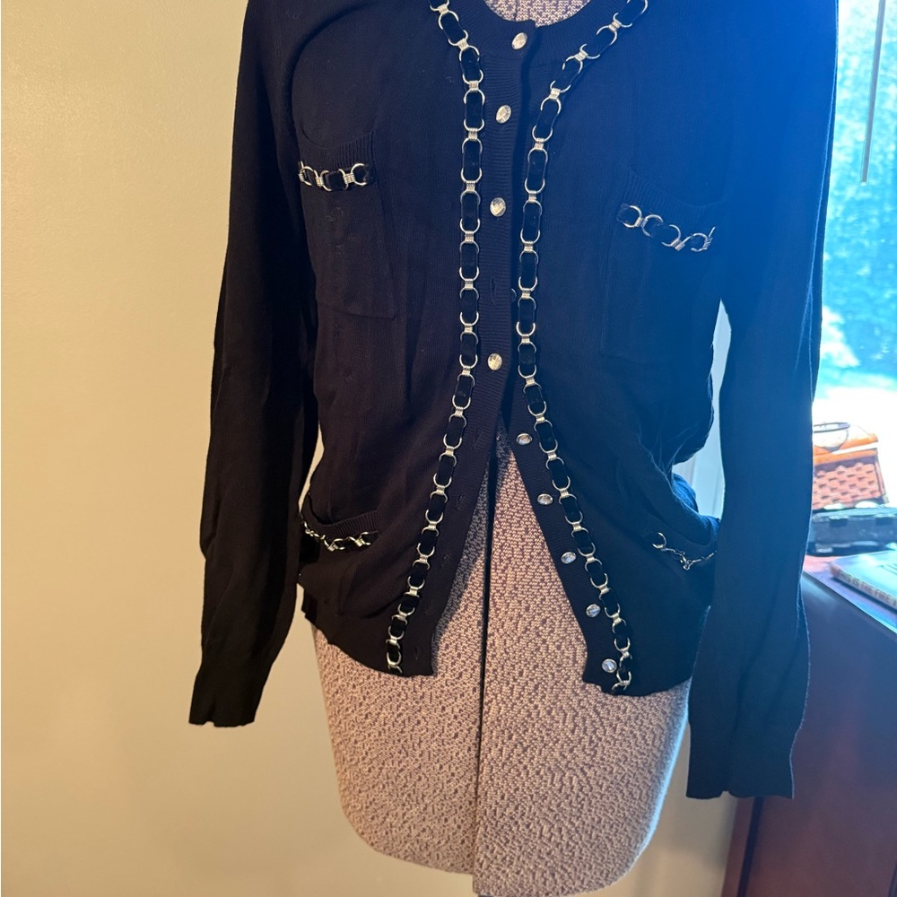 Cache Black Cardigan with Chain Accent